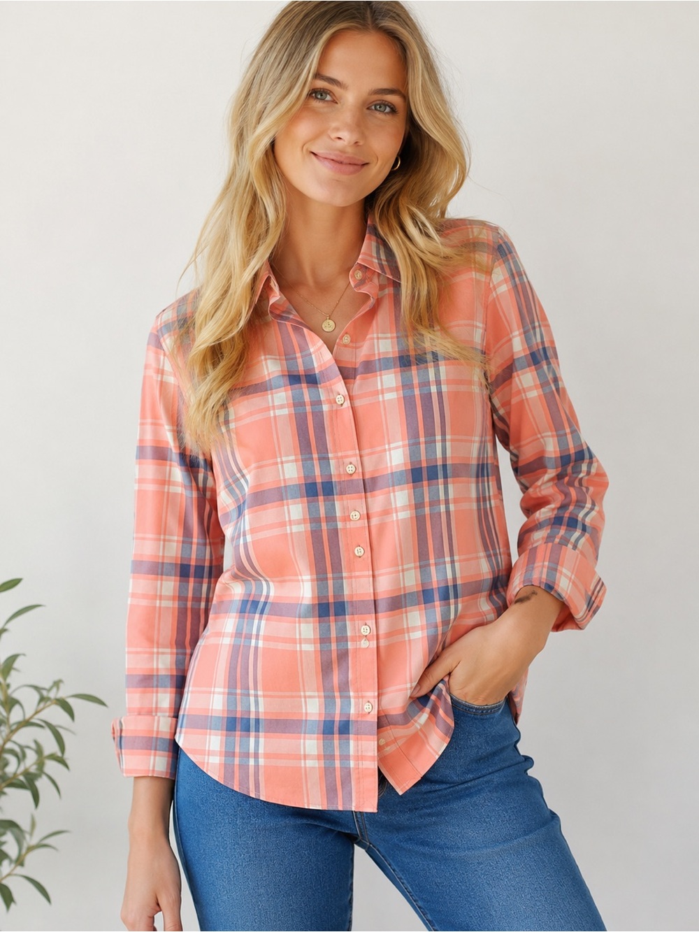 ❌ SOLD ❌ Chaps No Iron Plaid Button Front Shirt Women’s Large Pink Blue